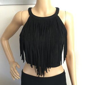 EARTHBOUND Boho Suede Fringe Crop Top Black